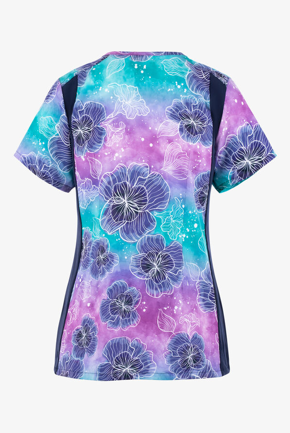 WonderWink Lilac Dreams Floral Women's 3-Pocket STRETCH Zip Notch Neck Print Scrub Top - null - 2