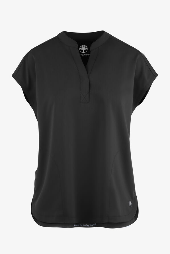Healing Hands Purple Label Journey Women's 2-Pocket STRETCH Dolman Sleeve Mandarin Collar Scrub Top - Black - 1