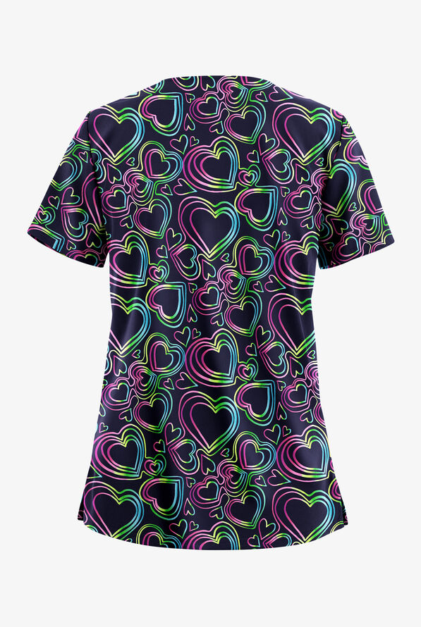 Butter-Soft STRETCH Neon Hearts Navy Women's 2-Pocket V-Neck Print Scrub Top - null - 2