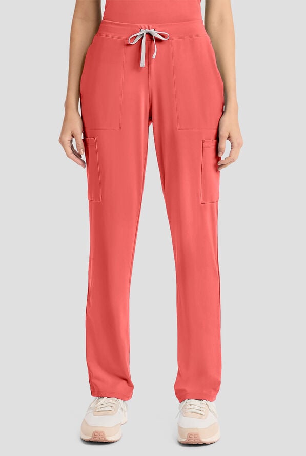 Cherokee Achieve Women's 5-Pocket STRETCH Elastic Waist Drawstring Cargo Scrub Pants - True Coral - 1