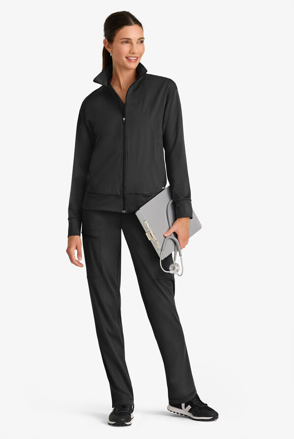 Grey's Anatomy by Barco Knit STRETCH Ease Warm Up Women's 4-Pocket Zip Front Scrub Jacket - Black - 3