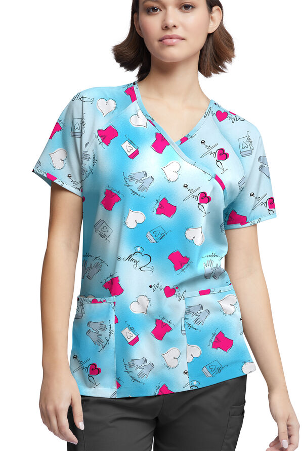 Blusa médica estampada Happy Scrubs Healing Hearts Morning Dew estilo cruzado con mangas raglán y 3 bolsillos para mujer - null - 2