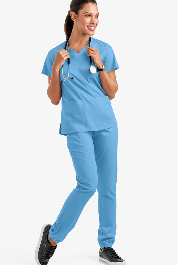 Butter-Soft STRETCH Women's 4-Pocket Sweetheart Neck Scrub Top - Blue Oasis - 2