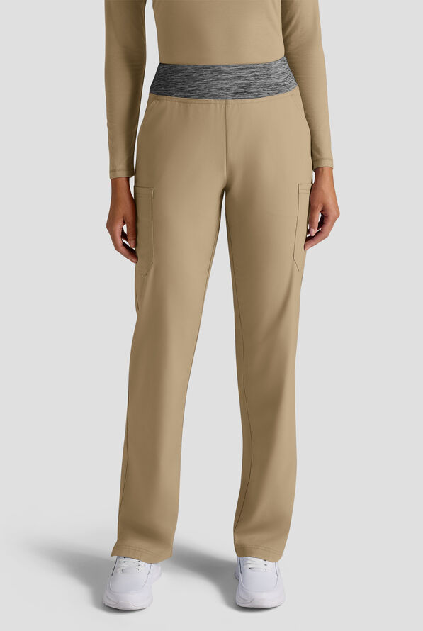 Butter-Soft STRETCH Women's 4-Pocket Knit Waistband Yoga Scrub Pants - Golden Sand /Charcoal Melange - 1