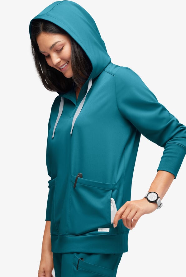 Sudadera médica con capucha ReSurge Jasper con mangas largas y 4 bolsillos para mujer - Caribbean Blue - 1