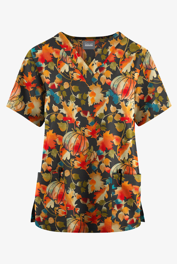Butter-Soft Originals Harvest Delight Pewter  Women's 2-Pocket Classic Fit V-Neck Print  Scrub Top - null - 1