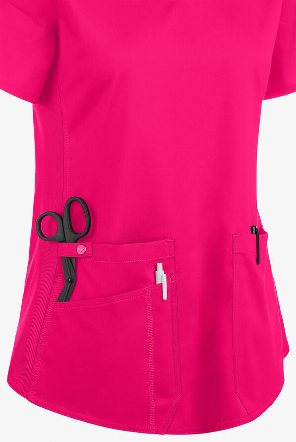 Med Couture Touch Women's 3-Pocket STRETCH Rib-Knit Side Panels Shirttail V-Neck Scrub Top - Pink Punch - 3