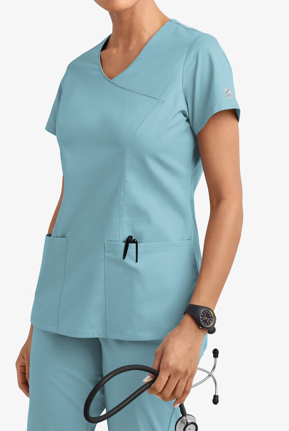 Butter-Soft STRETCH Women's 3-Pocket V-Neck Mock Wrap Scrub Top - Dew Drop - 2