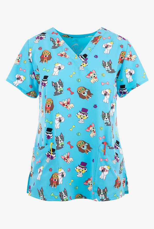 Maevn Cool Dogs Veterinary Women's 3Pocket STRETCH VNeck Print Scrub