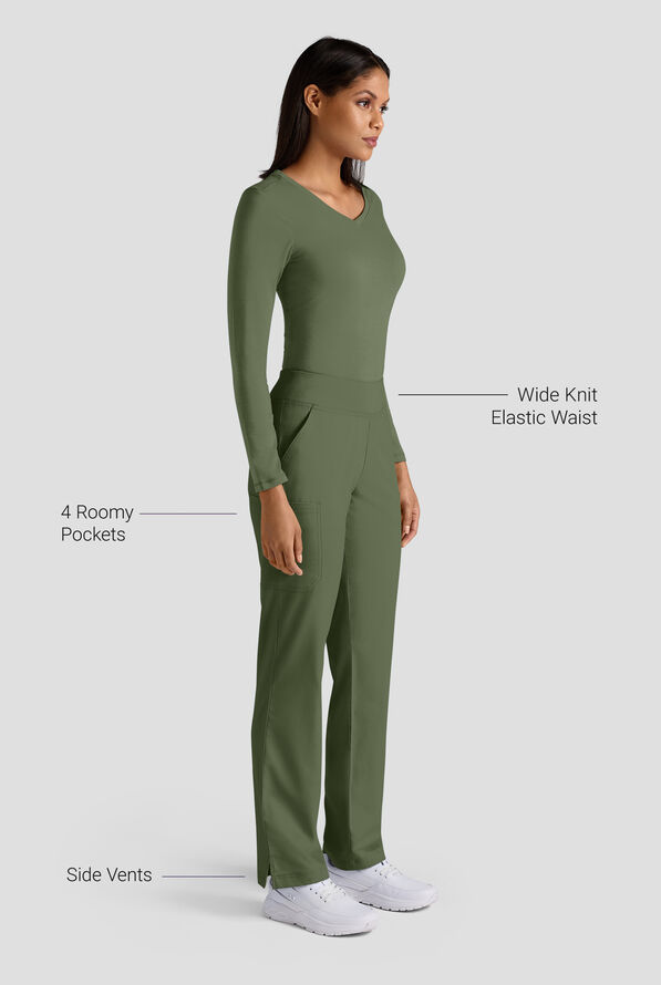 Butter-Soft STRETCH FLXTEK+ Women's 4-Pocket Knit Waistband Yoga Scrub Pants - Light Olive - 3