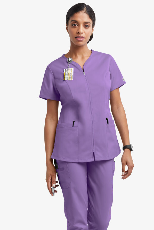 Butter-Soft STRETCH Women's 4-Pocket Smooth Face Zipper Scrub Top - Ultraviolet Light - 2