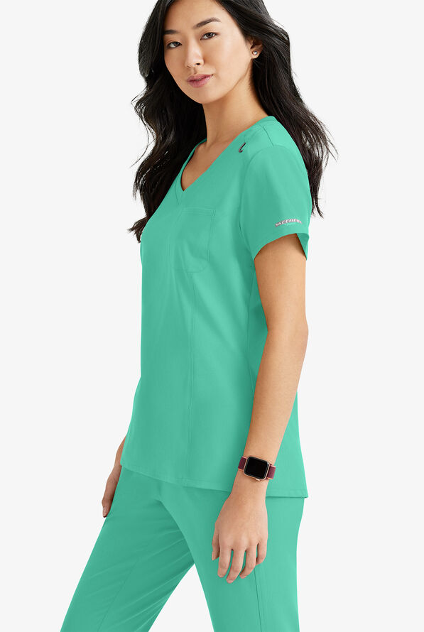 Skechers by Barco Dignity Women's 1-Pocket STRETCH Tuck In V-Neck Scrub Top - Light Jade - 4