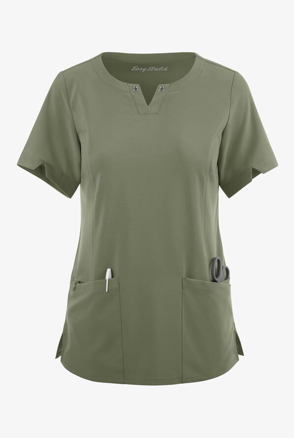 Blusa médica Easy STRETCH Amber con cuello con muesca y 4 bolsillos para mujer - Olive Leaf - 1