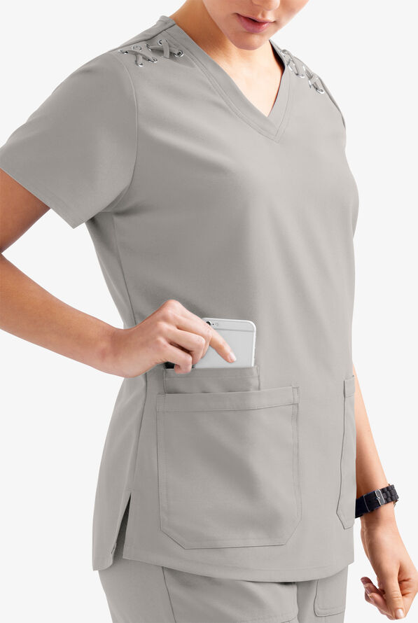 Blusa m&eacute;dica Easy STRETCH Leila con ojales con lazos y 3 bolsillos para mujer - Silver - 3