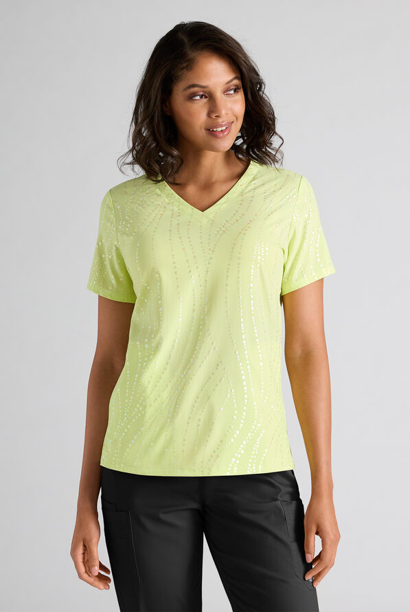 Butter-Soft STRETCH Rhythmic Waves Cool Matcha Women's 2-Pocket V-Neck Print Scrub Top - null - 3