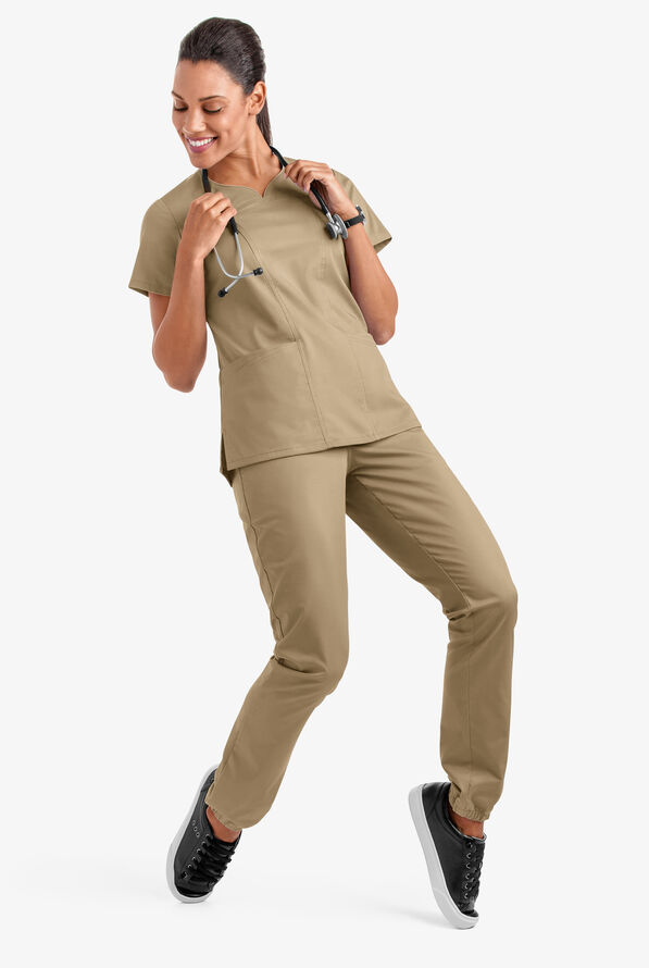Butter-Soft STRETCH Women's 4-Pocket Sweetheart Neck Scrub Top - Golden Sand - 3