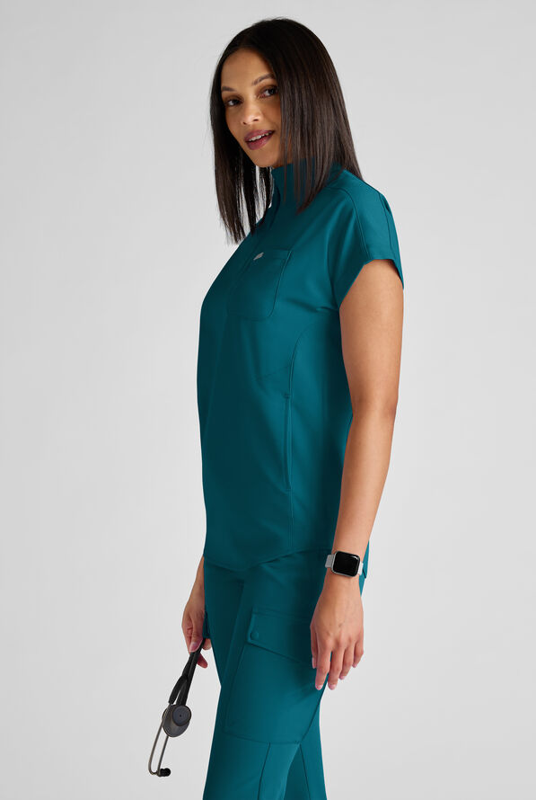 ReSurge Rhine Women's 5-Pocket Oversized Half Zip Stand Collar Scrub Top - Caribbean Blue - 2