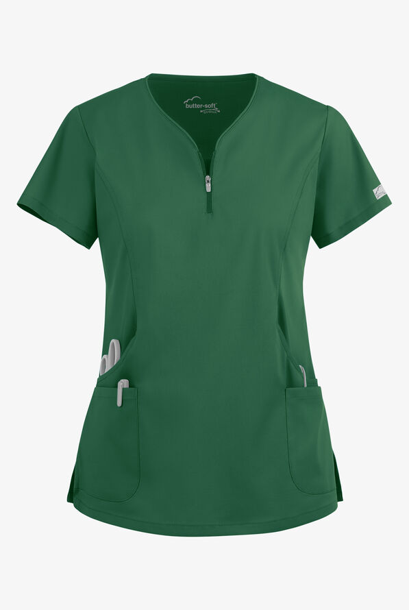 Butter-Soft STRETCH Women's 4-Pocket Curved Neck Zipper Scrub Top - Hunter - 1
