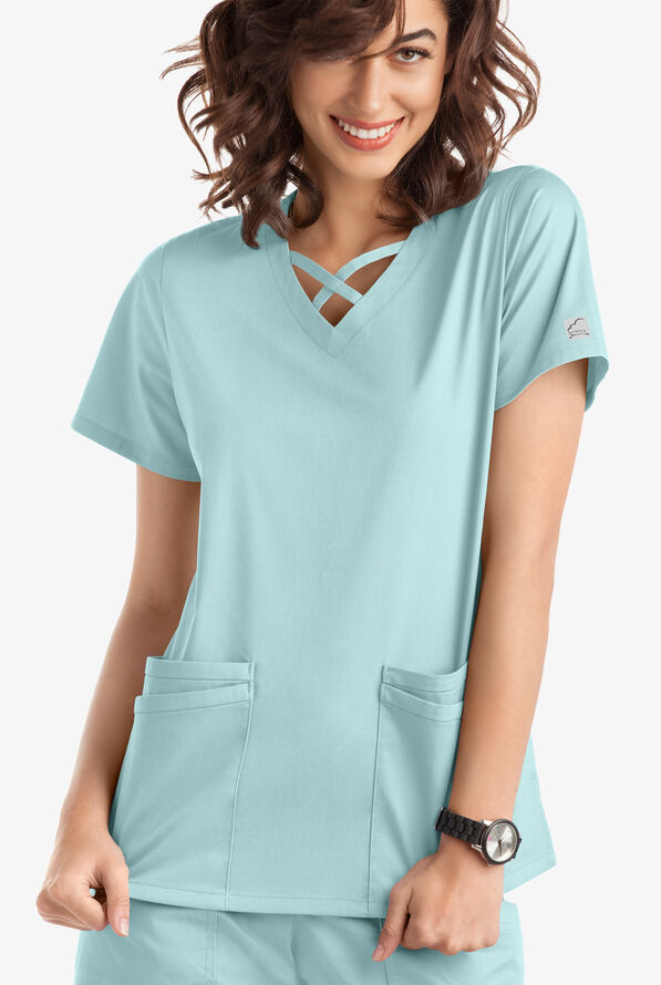 Butter-Soft STRETCH Women's 4-Pocket Crisscross Scrub Top - Salt Blue - 2