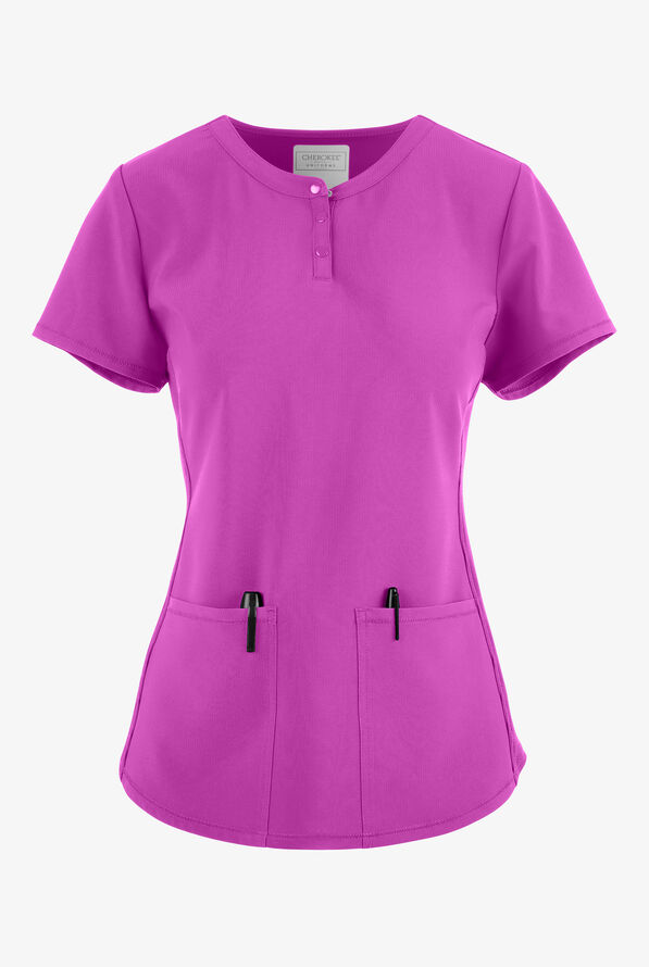 Cherokee Collection Women's 3-Pocket STRETCH Rib-Knit Side Snap Henley Scrub Top - Vibrant Violet - 1