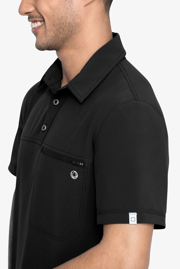 Infinity Men's 1 Zippered Pocket STRETCH Rib-Knit Polo Scrub Top - Black - 4