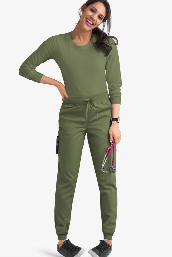 Butter-Soft STRETCH Women's 5-Pocket Cargo Jogger Scrub Pants - Petite - Light Olive - 2