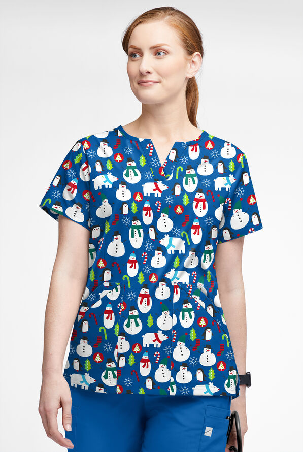 Butter-Soft North Pole Party Royal Women&rsquo;s 4-Pocket V Notch-Neck Print Scrub Top - null - 2