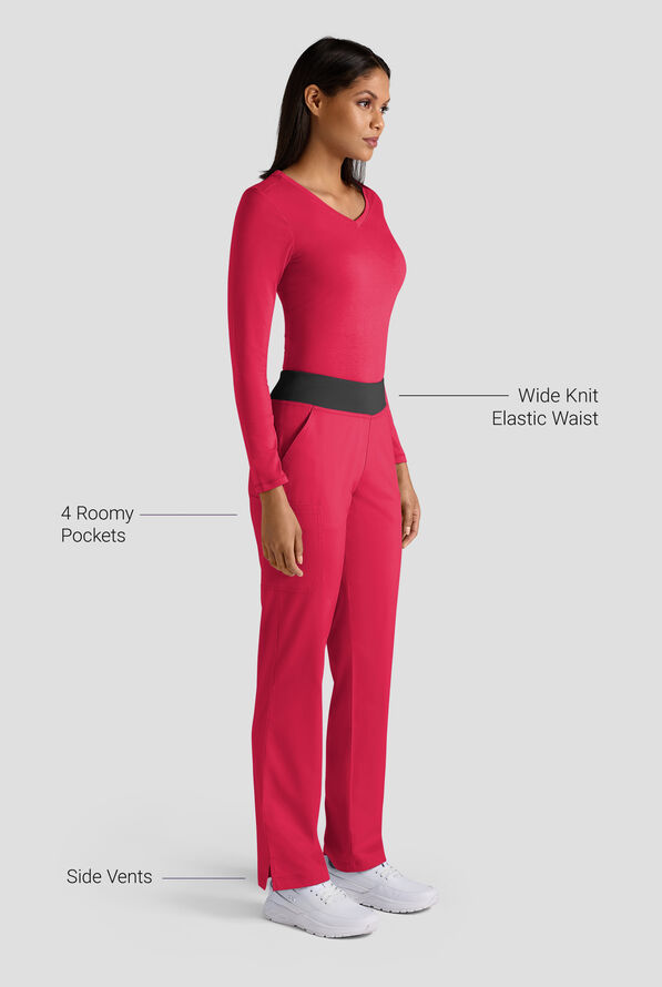 Butter-Soft STRETCH Women's 4-Pocket Knit Waistband Yoga Scrub Pants - Tall - Ruby/Black - 3