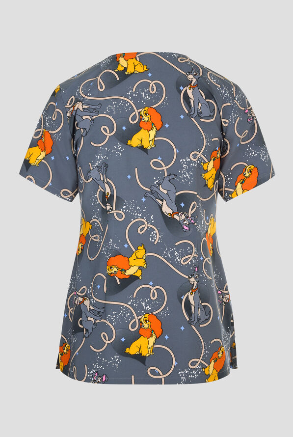 Tooniforms Disney's Lady and the Tramp Ca-Noodling Women's 2-Pocket STRETCH V-Neck Print Scrub Top - null - 2