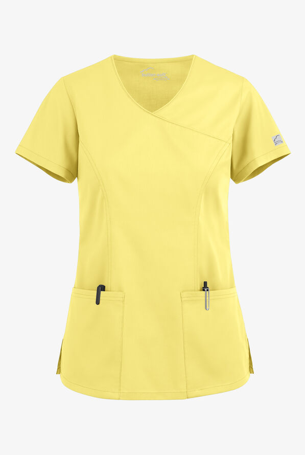Butter-Soft STRETCH Women's 3-Pocket V-Neck Mock Wrap Scrub Top - Lemon Sherbet - 1