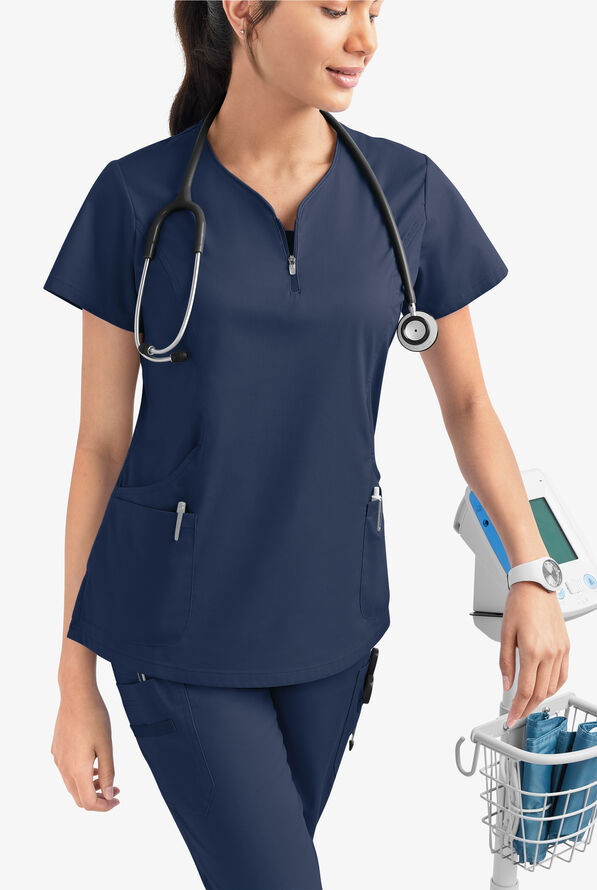 Blusa m&eacute;dica UA Butter-Soft STRETCH con cremallera en el cuello curvo y 4 bolsillos para mujer - Navy - 6