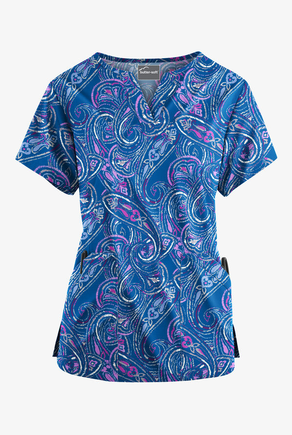 Butter-Soft Elegant Paisley Royal Women’s 4-Pocket V Notch-Neck Print Scrub Top - null - 1