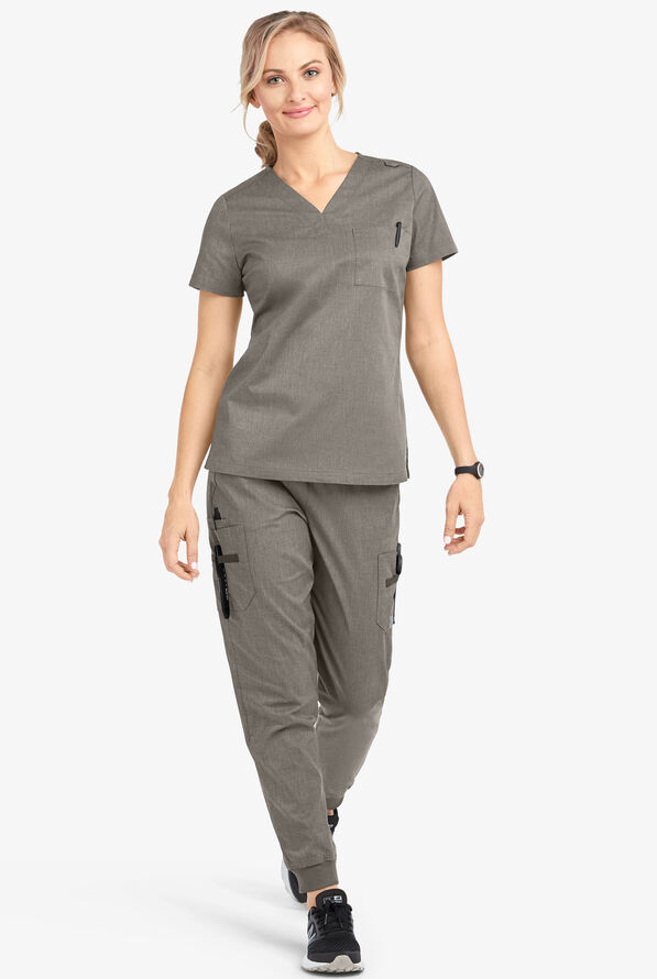 Blusa m&eacute;dica Butter-Soft STRETCH con cuello en V y 2 bolsillos para mujer - Heather Grey - 2
