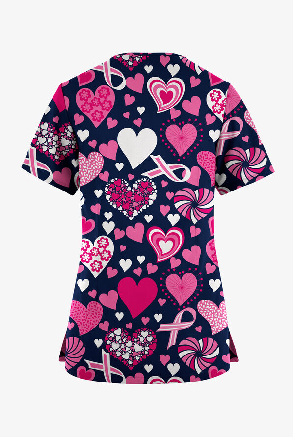 Butter-Soft Originals Ribbons Of Love Navy Women's 7-Pocket Rounded V-Neck Print Scrub Top - null - 2