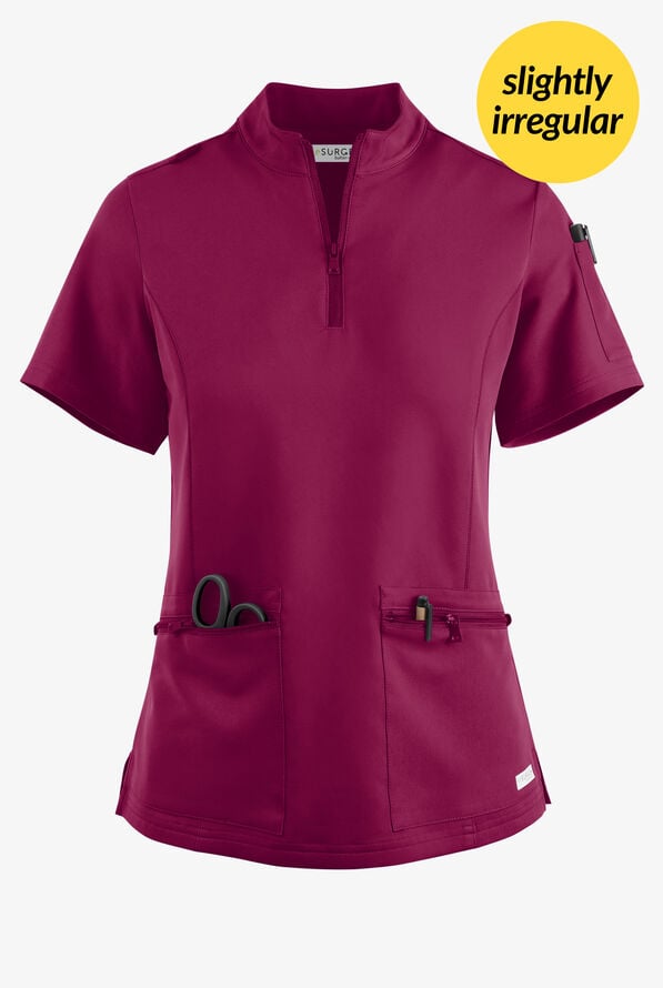Butter-Soft Women's 5-Pocket Zipper Neck Short Sleeve Scrub Top **Slightly IRREGULAR** - Wine - 1