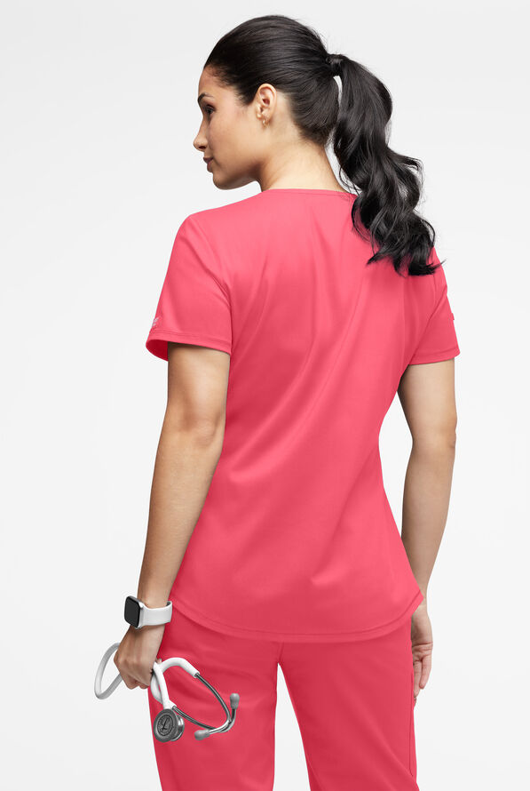 UA Exclusive Cherokee Workwear Revolution Women's 2-Pocket STRETCH Mesh Trim V-Neck Scrub Top - Blushing Coral - 3