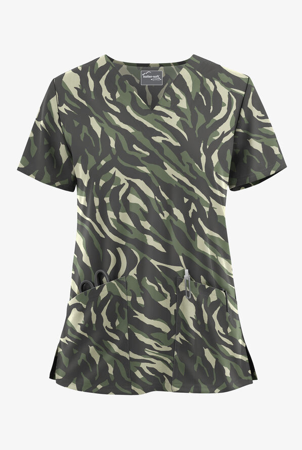 Butter-Soft STRETCH Zebra Camo Pewter Women's 2-Pocket V-Neck Print Scrub Top - null - 1