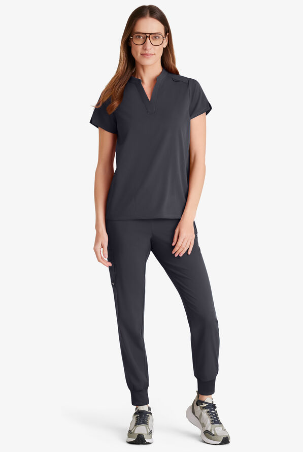Grey's Anatomy by Barco Spandex STRETCH Avery Women's 2-Pocket Notch Sleeve V-Neck Scrub Top - Steel Gray - 4