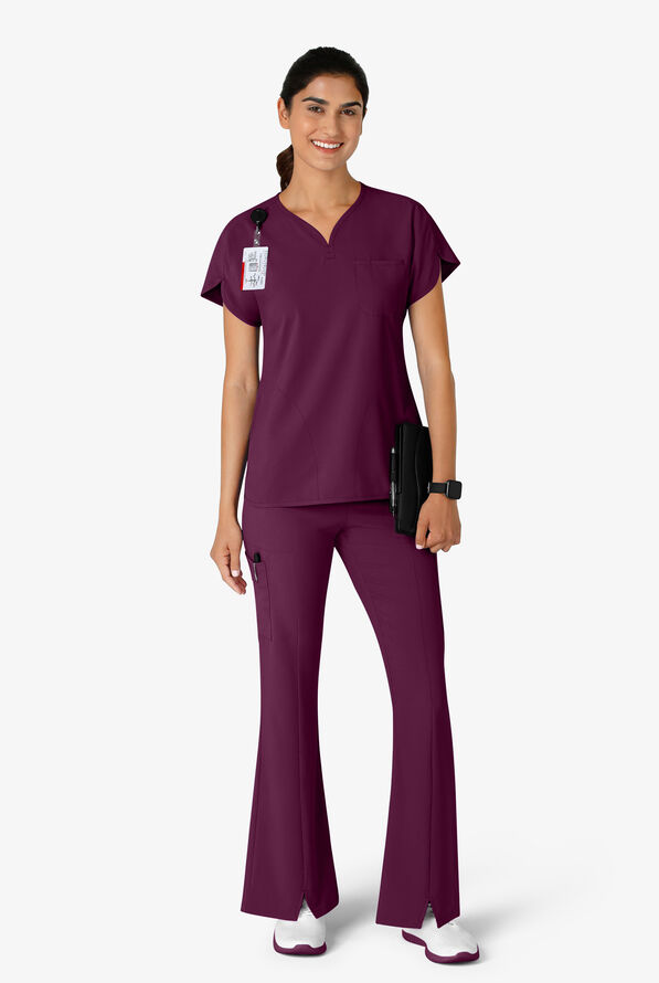 Wink Renew Women's 7-Pocket STRETCH Yoga Waist Flare Notch Leg Cargo Scrub Pants - Wine - 4