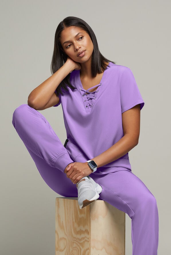 Easy STRETCH Gisele Women's 4-Pocket Lace Up V-Neck Scrub Top - Lunar Grey - 7