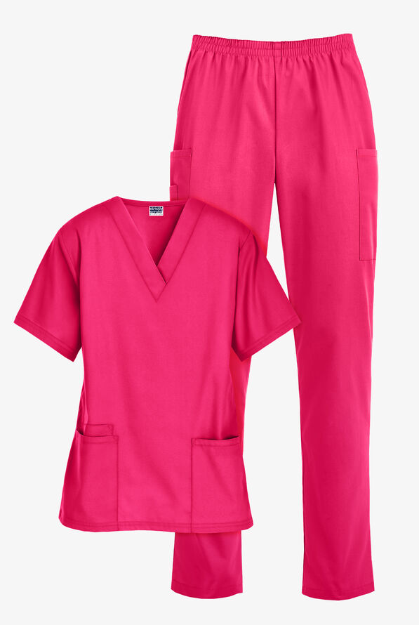 Strictly Scrubs Women’s 6-Pocket Scrub Set - Fuchsia - 1