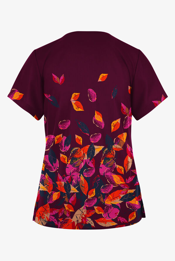 Butter-Soft Originals Autumn Border Wine Women's 2-Pocket V-Neck Print Scrub Top - null - 2