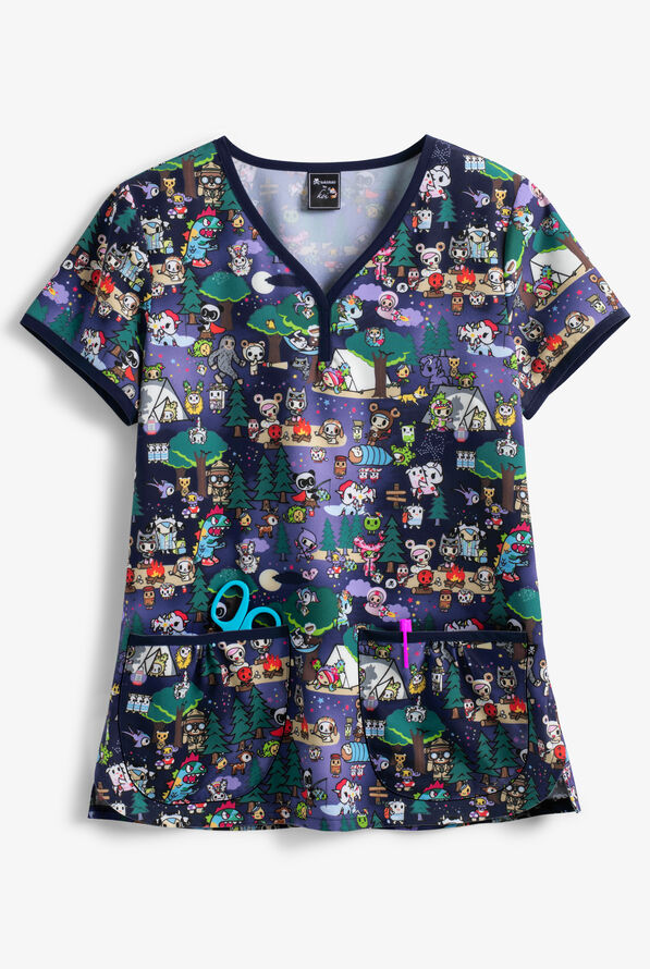 koi Tokidoki Summer Camp Women's 2-Pocket Eve Y-Neck Print Scrub Top - null - 1