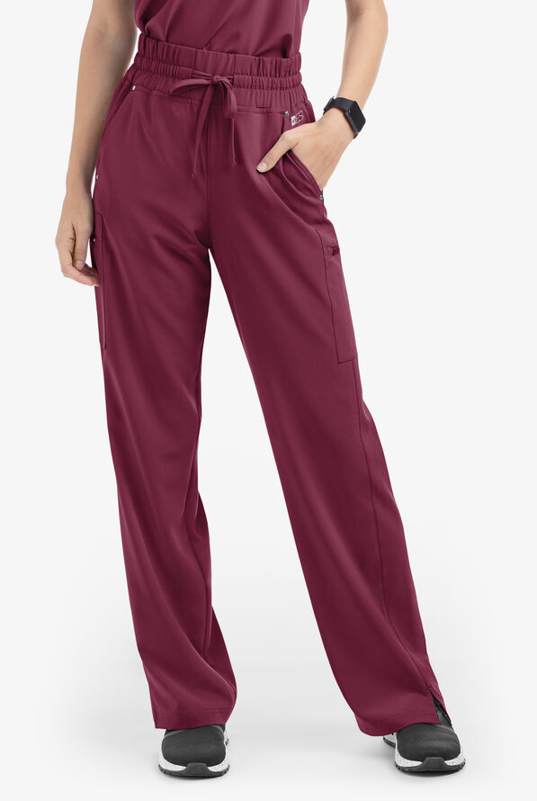 Easy STRETCH Ellie Women's 5-Pocket High Waisted Wide Leg Scrub Pants - Petite - Wine - 1