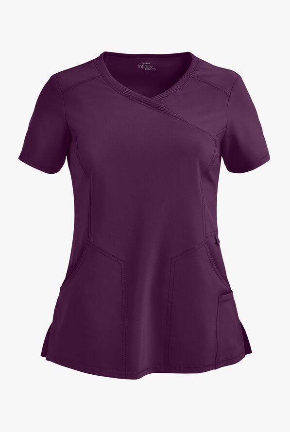 Infinity Women's 4-Pocket STRETCH Mock Wrap Scrub Top - Eggplant - 1
