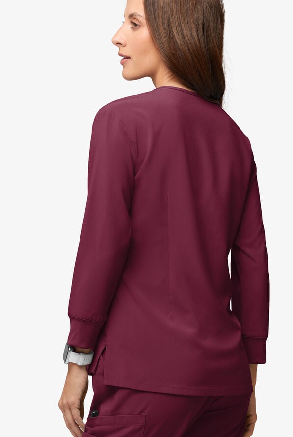 Blusa m&eacute;dica mangas 3/4 Easy STRETCH de corte holgado con cuello en V y 2 bolsillos para mujer - Wine - 3