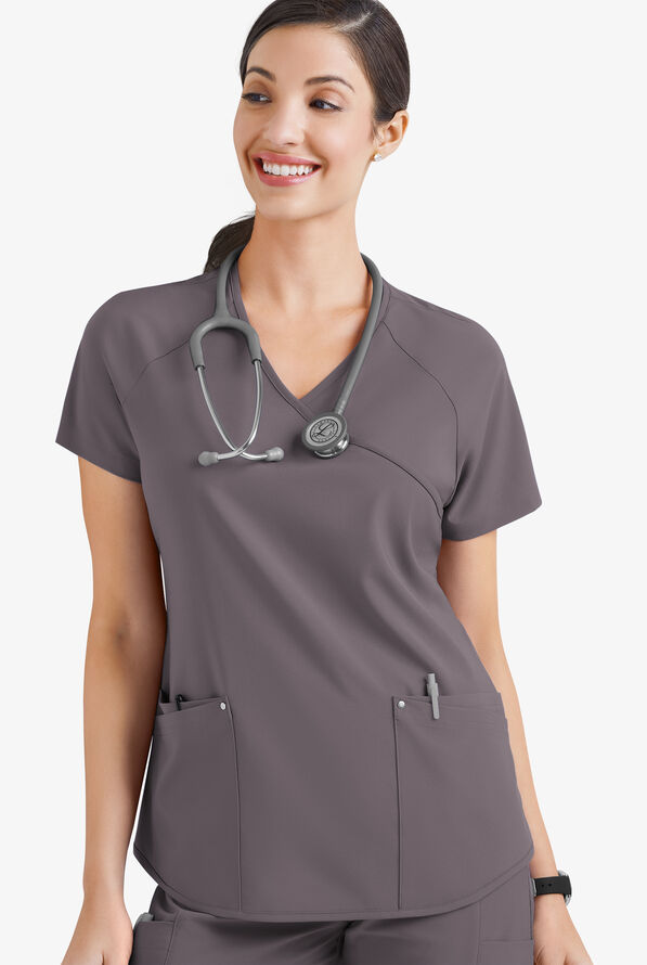 Blusa m&eacute;dica Easy STRETCH Cara con mangas ragl&aacute;n y 4 bolsillos para mujer - Grey Stone - 3