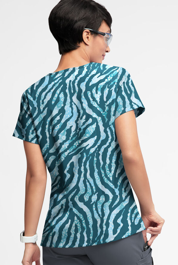 Strictly Scrubs STRETCH Tiger Fantasy Caribbean Women's 3-Pocket V-Neck Mock Wrap Print Scrub Top - null - 2