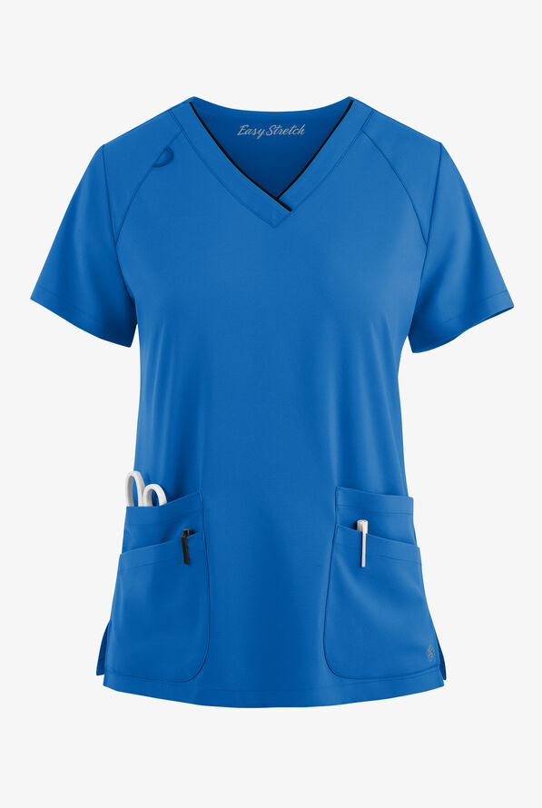 Blusa m&eacute;dica Easy STRETCH Cassia con cuello en V con ribete y 4 bolsillos para mujer - Royal/Black - 1