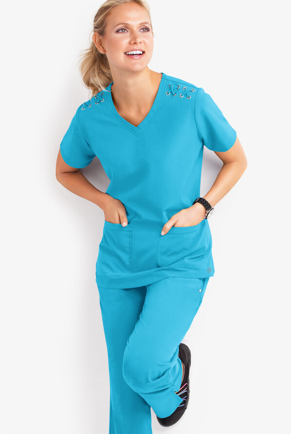Blusa m&eacute;dica Easy STRETCH Leila con ojales con lazos y 3 bolsillos para mujer - Turquoise - 2